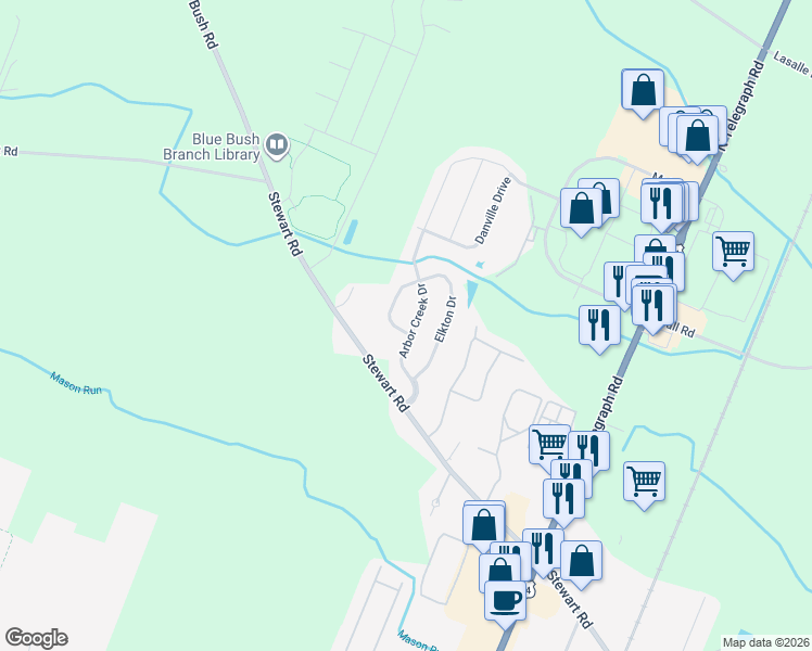map of restaurants, bars, coffee shops, grocery stores, and more near 1849 Arbor Creek Drive in Monroe