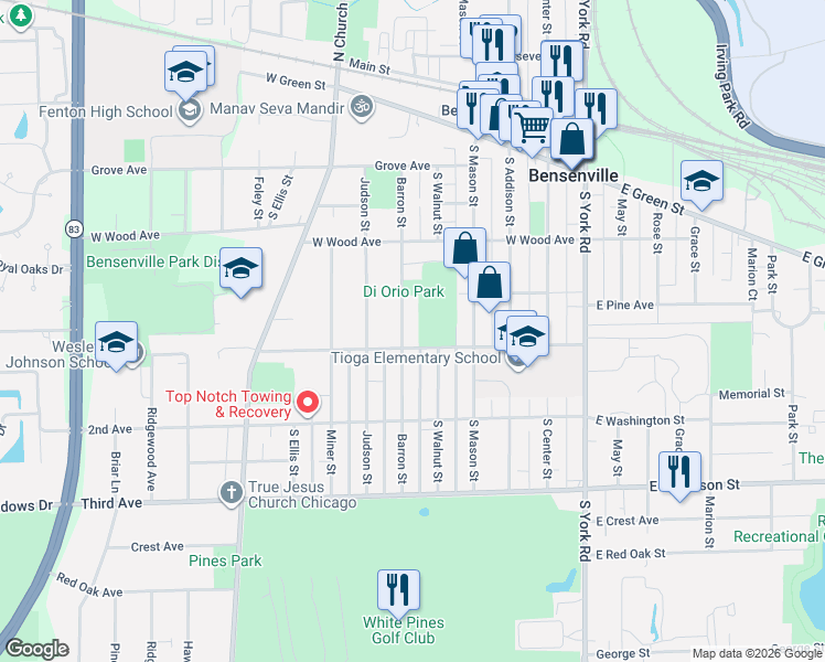 map of restaurants, bars, coffee shops, grocery stores, and more near 267 Barron Street in Bensenville