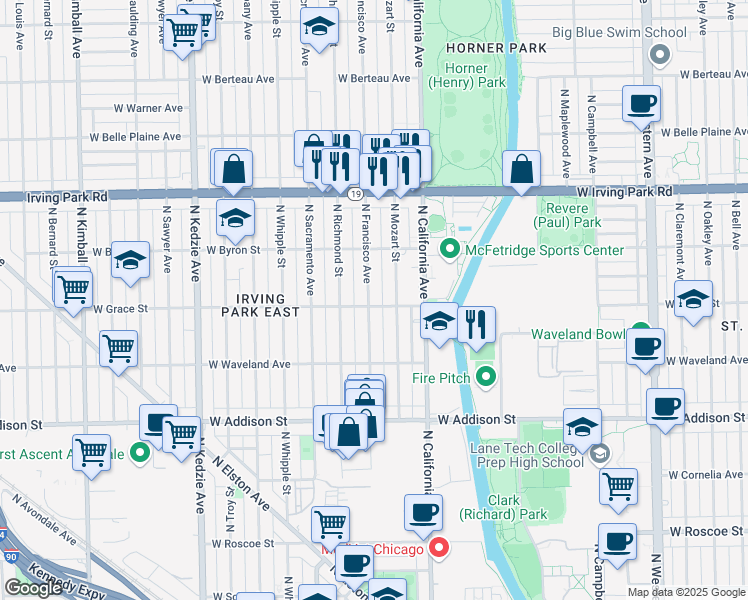 map of restaurants, bars, coffee shops, grocery stores, and more near 3803 North Francisco Avenue in Chicago