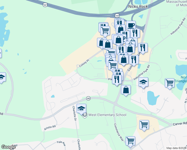 map of restaurants, bars, coffee shops, grocery stores, and more near Colony Place in Plymouth