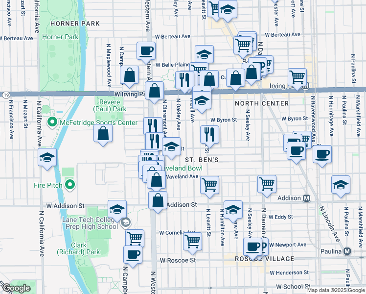 map of restaurants, bars, coffee shops, grocery stores, and more near 2252 West Grace Street in Chicago