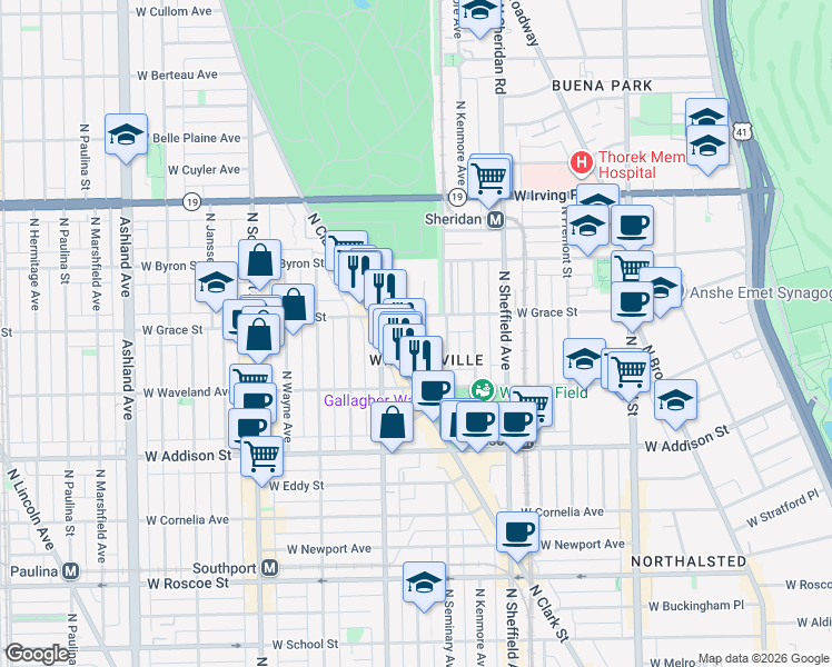 map of restaurants, bars, coffee shops, grocery stores, and more near 3730 North Clark Street in Chicago