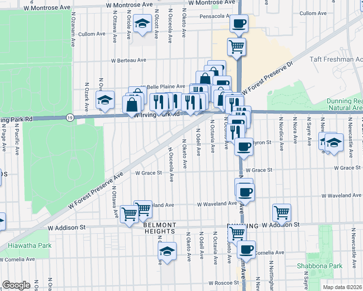 map of restaurants, bars, coffee shops, grocery stores, and more near 7431 West Forest Preserve Avenue in Chicago
