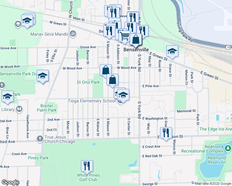 map of restaurants, bars, coffee shops, grocery stores, and more near 272 South Addison Street in Bensenville