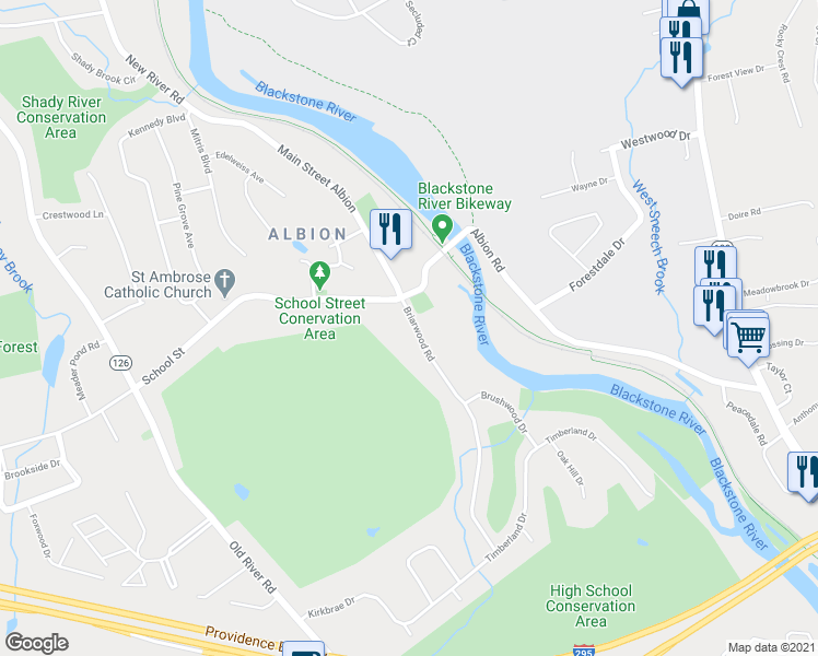 map of restaurants, bars, coffee shops, grocery stores, and more near 2 Main Street Albion in Lincoln