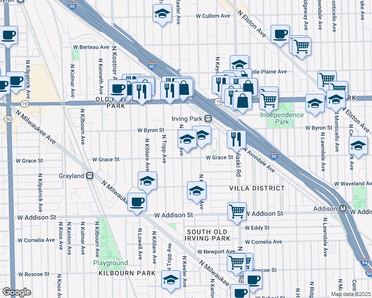 map of restaurants, bars, coffee shops, grocery stores, and more near 3817 North Keeler Avenue in Chicago