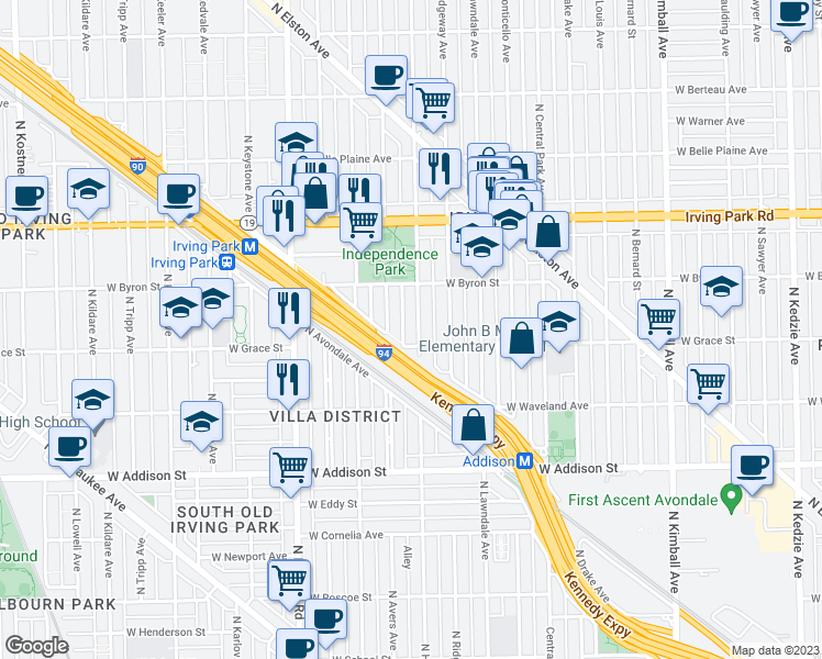 map of restaurants, bars, coffee shops, grocery stores, and more near 3810 North Hamlin Avenue in Chicago