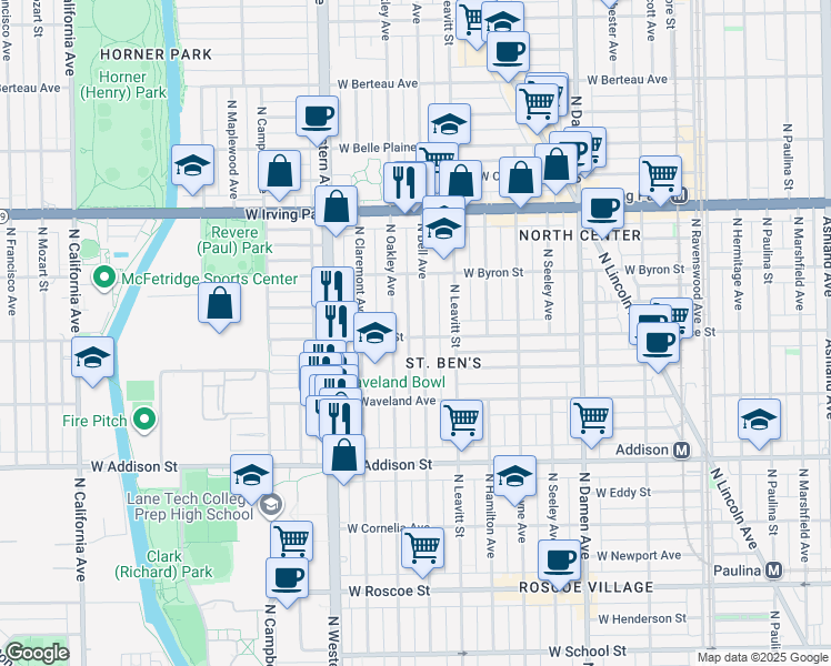 map of restaurants, bars, coffee shops, grocery stores, and more near 2252 West Grace Street in Chicago