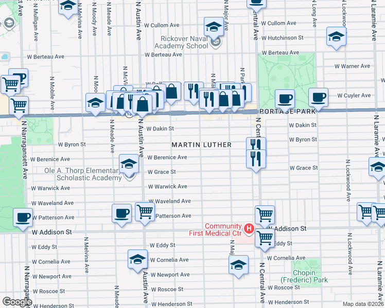 map of restaurants, bars, coffee shops, grocery stores, and more near 5812 West Berenice Avenue in Chicago