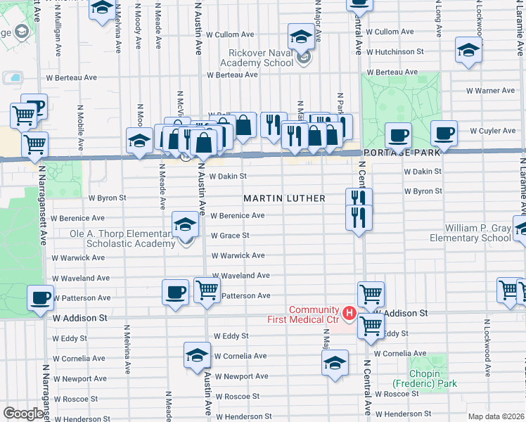 map of restaurants, bars, coffee shops, grocery stores, and more near 5812 West Berenice Avenue in Chicago