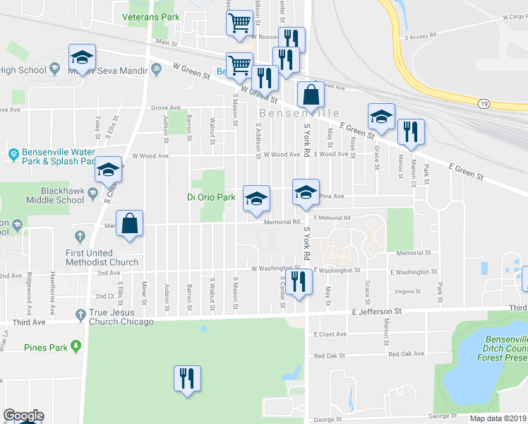 map of restaurants, bars, coffee shops, grocery stores, and more near 271 South Addison Street in Bensenville