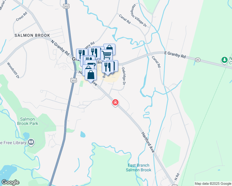 map of restaurants, bars, coffee shops, grocery stores, and more near 47 Rushford Meade in Granby