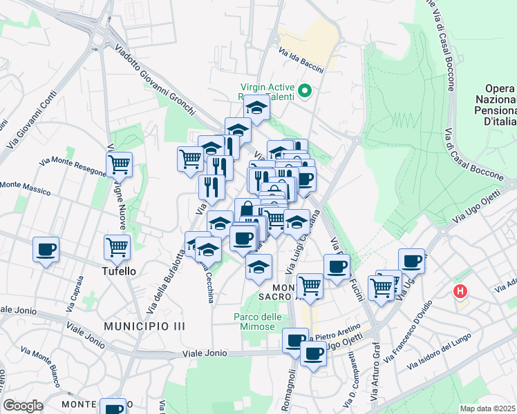 map of restaurants, bars, coffee shops, grocery stores, and more near 14 Via Franco Sacchetti in Rome