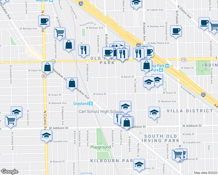 map of restaurants, bars, coffee shops, grocery stores, and more near 3821 North Kostner Avenue in Chicago