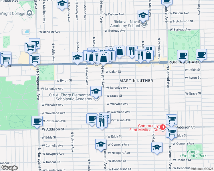 map of restaurants, bars, coffee shops, grocery stores, and more near 5930 West Berenice Avenue in Chicago