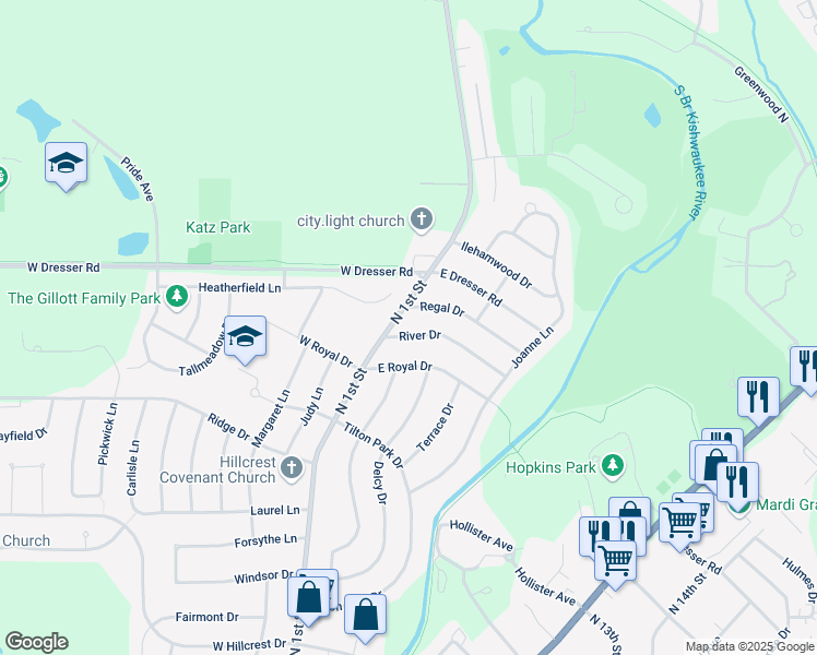 map of restaurants, bars, coffee shops, grocery stores, and more near 219 River Drive in DeKalb