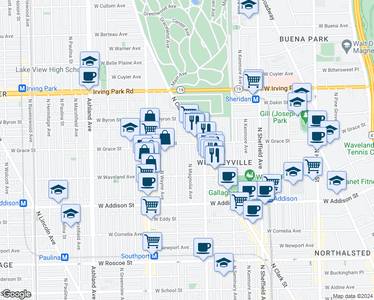 map of restaurants, bars, coffee shops, grocery stores, and more near 3754 North Magnolia Avenue in Chicago