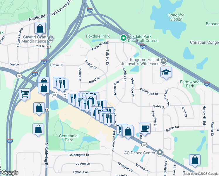 map of restaurants, bars, coffee shops, grocery stores, and more near 1267 Foxdale Drive in Addison