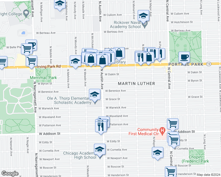 map of restaurants, bars, coffee shops, grocery stores, and more near 5930 West Berenice Avenue in Chicago