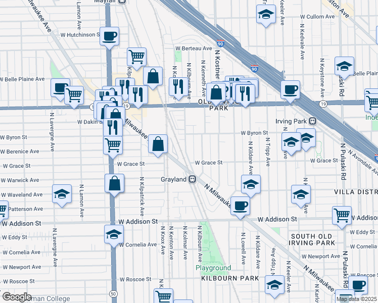 map of restaurants, bars, coffee shops, grocery stores, and more near 3823 North Kilbourn Avenue in Chicago