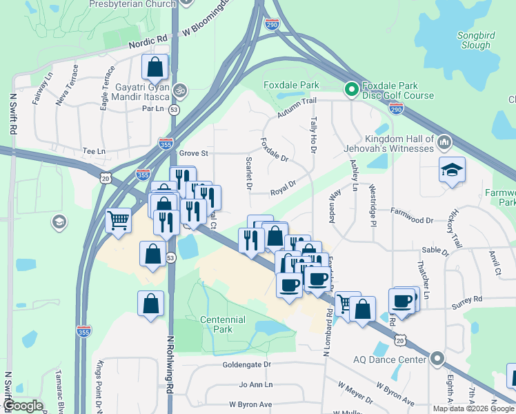 map of restaurants, bars, coffee shops, grocery stores, and more near 1455 Royal Drive in Addison