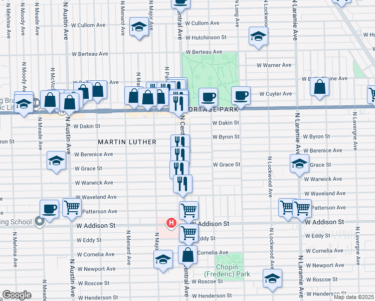 map of restaurants, bars, coffee shops, grocery stores, and more near 3833 North Central Avenue in Chicago
