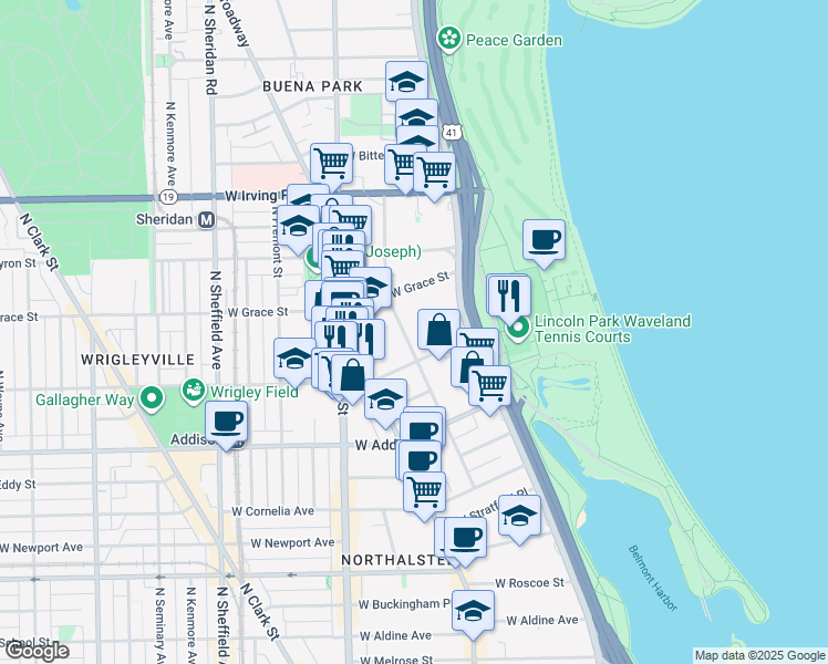 map of restaurants, bars, coffee shops, grocery stores, and more near 3717 North Pine Grove Avenue in Chicago