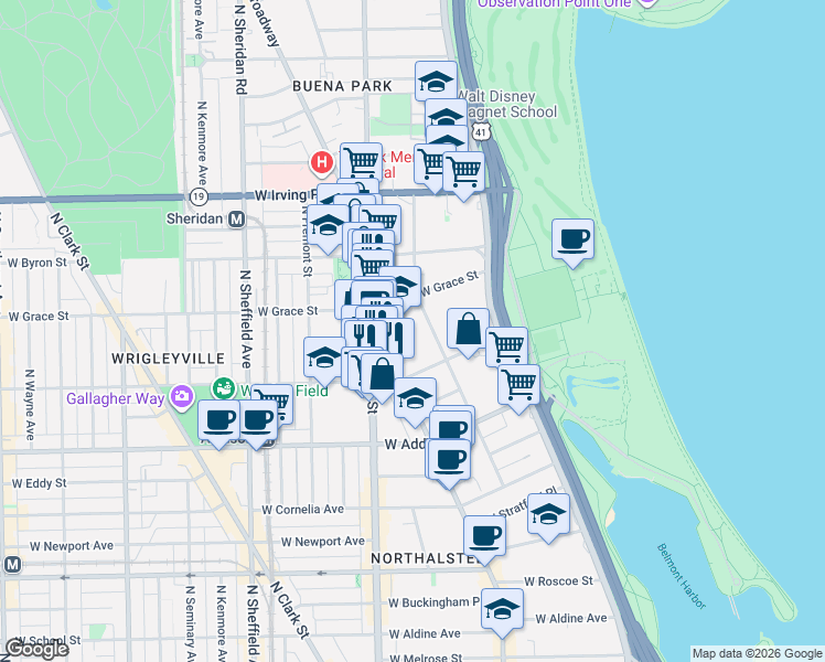 map of restaurants, bars, coffee shops, grocery stores, and more near 3738 North Pine Grove Avenue in Chicago