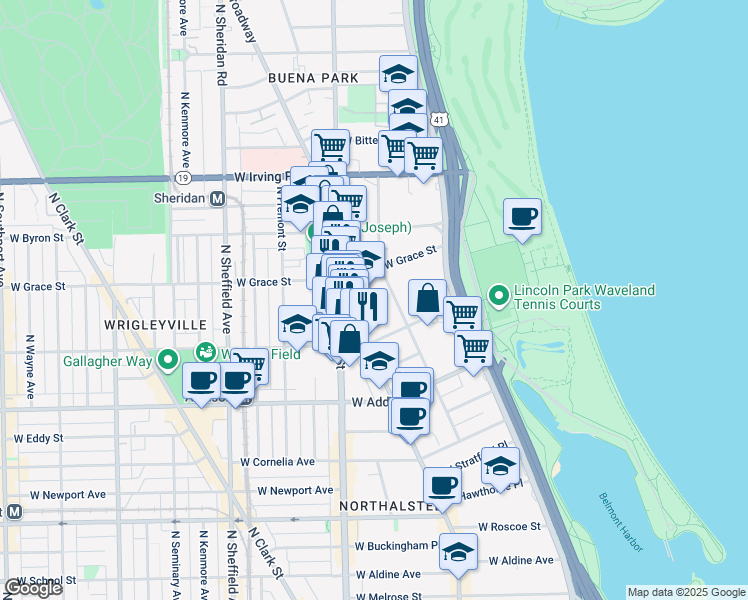 map of restaurants, bars, coffee shops, grocery stores, and more near 3738 North Pine Grove Avenue in Chicago
