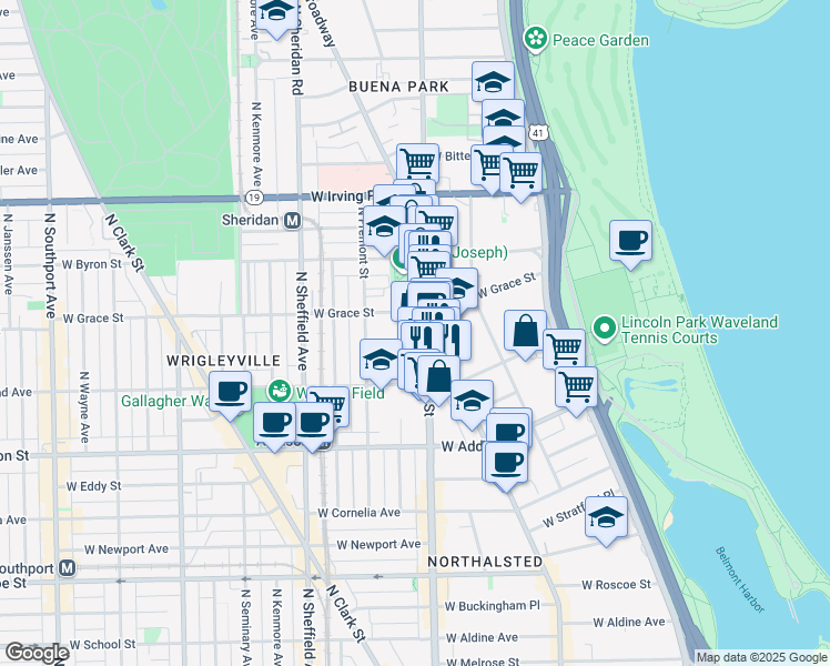 map of restaurants, bars, coffee shops, grocery stores, and more near 3755 North Halsted Street in Chicago