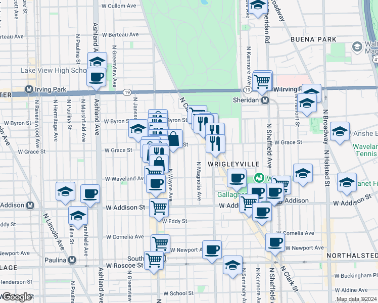 map of restaurants, bars, coffee shops, grocery stores, and more near 3751 North Lakewood Avenue in Chicago