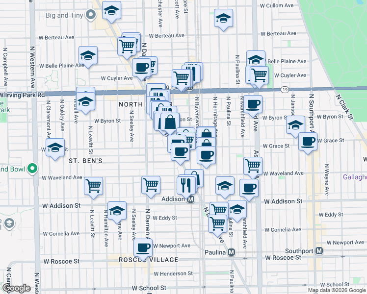 map of restaurants, bars, coffee shops, grocery stores, and more near 1818 West Grace Street in Chicago