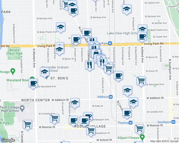 map of restaurants, bars, coffee shops, grocery stores, and more near 1947 West Grace Street in Chicago