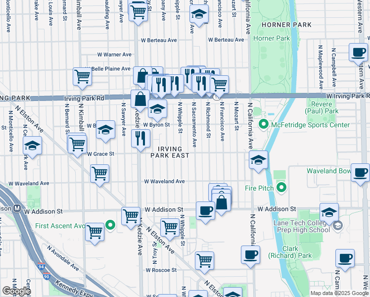 map of restaurants, bars, coffee shops, grocery stores, and more near 3802 North Sacramento Avenue in Chicago