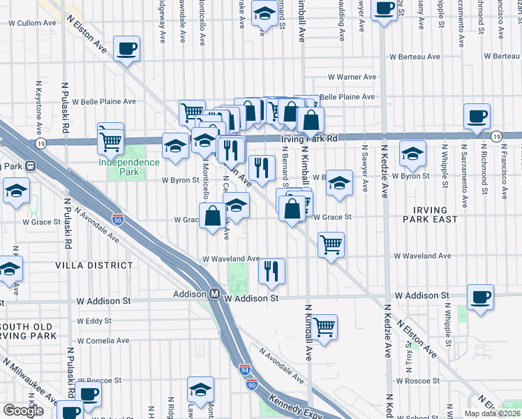 map of restaurants, bars, coffee shops, grocery stores, and more near 3808 North Saint Louis Avenue in Chicago