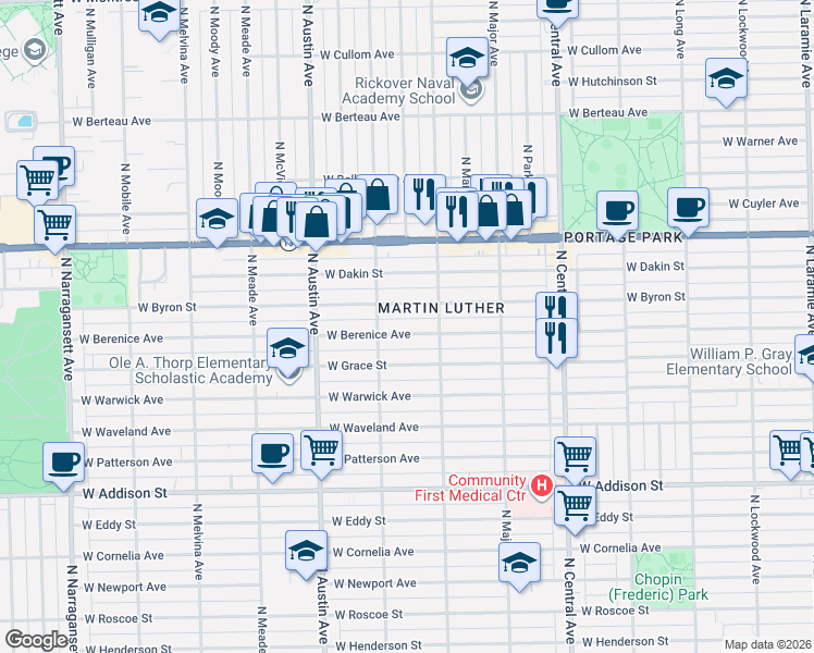 map of restaurants, bars, coffee shops, grocery stores, and more near 5812 West Berenice Avenue in Chicago