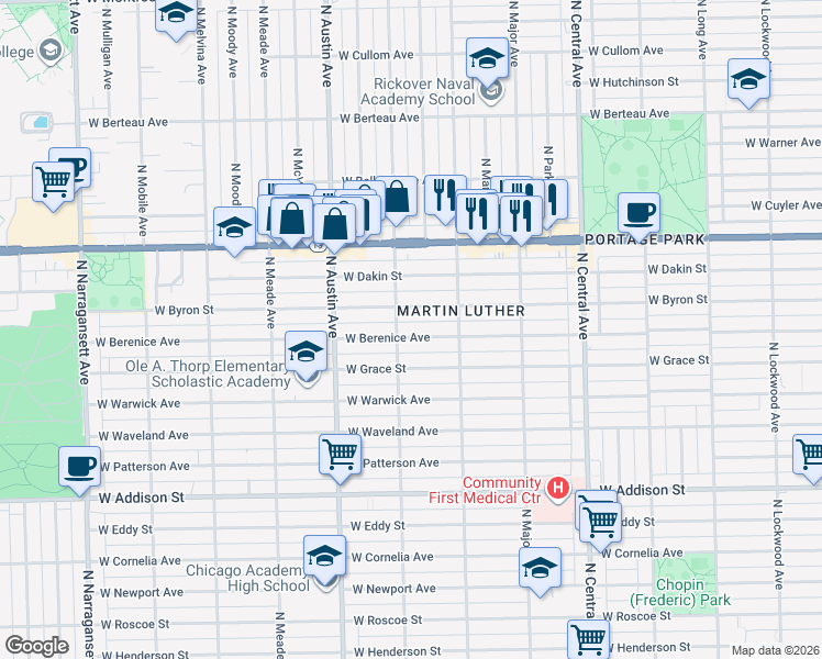 map of restaurants, bars, coffee shops, grocery stores, and more near 5854 West Berenice Avenue in Chicago