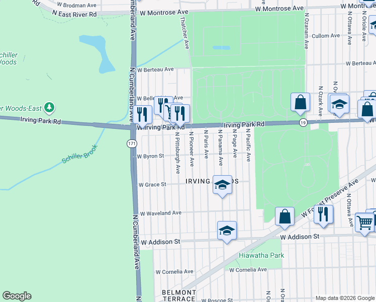 map of restaurants, bars, coffee shops, grocery stores, and more near 3901 North Pittsburgh Avenue in Chicago