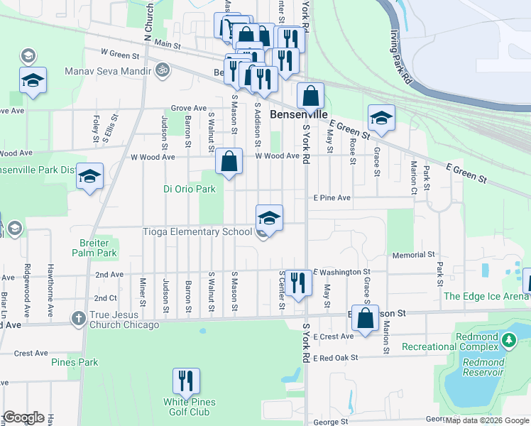 map of restaurants, bars, coffee shops, grocery stores, and more near 271 South Addison Street in Bensenville