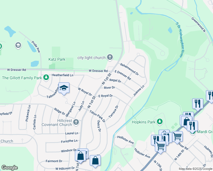 map of restaurants, bars, coffee shops, grocery stores, and more near 219 River Drive in DeKalb
