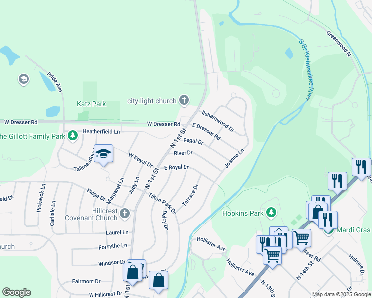 map of restaurants, bars, coffee shops, grocery stores, and more near 219 River Drive in DeKalb