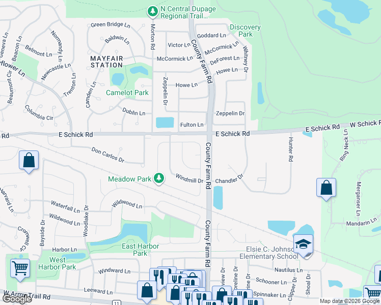 map of restaurants, bars, coffee shops, grocery stores, and more near 1910 Seneca Drive in Hanover Park