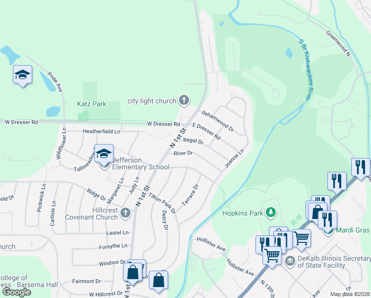 map of restaurants, bars, coffee shops, grocery stores, and more near 219 River Drive in DeKalb