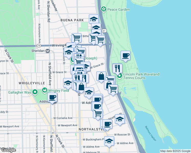 map of restaurants, bars, coffee shops, grocery stores, and more near 3717 North Pine Grove Avenue in Chicago
