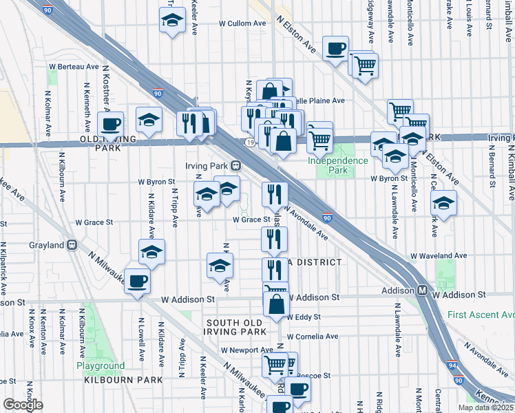 map of restaurants, bars, coffee shops, grocery stores, and more near 3817 North Keystone Avenue in Chicago