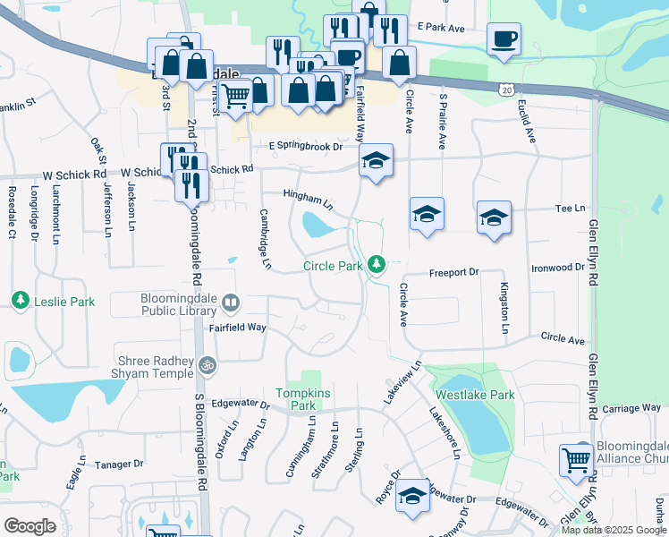 map of restaurants, bars, coffee shops, grocery stores, and more near 183 Salem Court in Bloomingdale