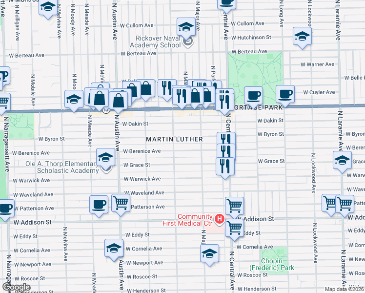 map of restaurants, bars, coffee shops, grocery stores, and more near 5740 West Berenice Avenue in Chicago