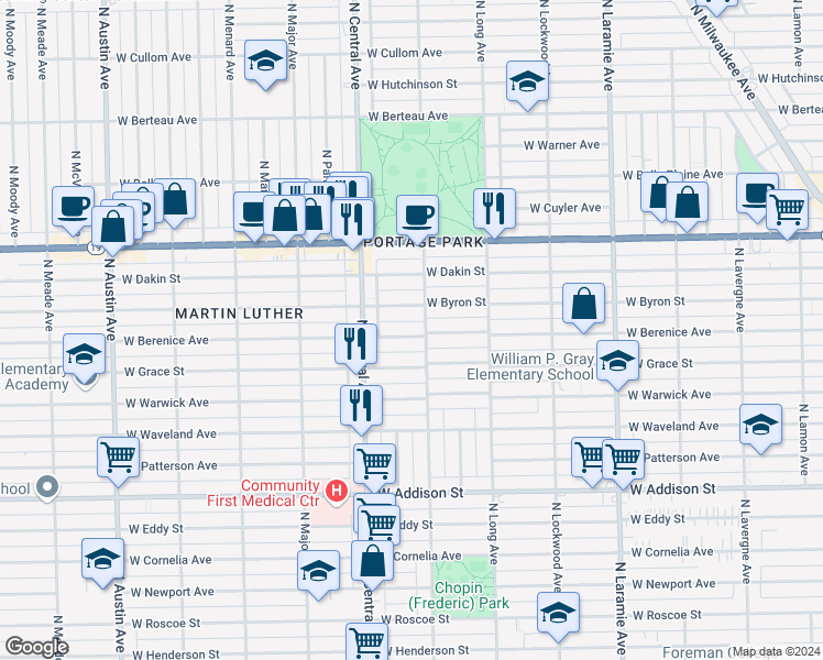 map of restaurants, bars, coffee shops, grocery stores, and more near 5510 West Berenice Avenue in Chicago