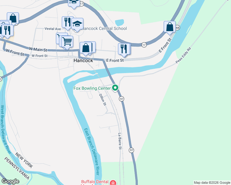 map of restaurants, bars, coffee shops, grocery stores, and more near 24723 New York 97 in Hancock