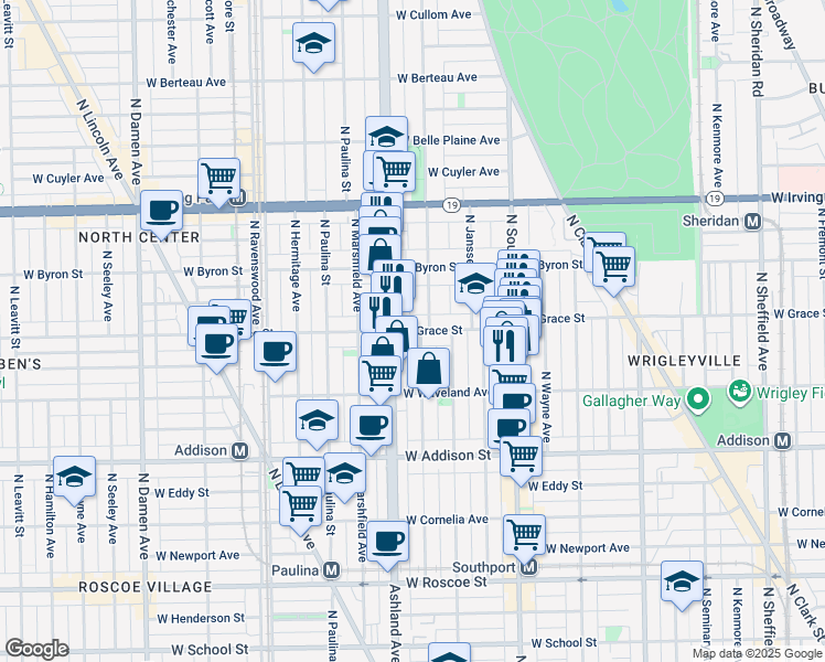 map of restaurants, bars, coffee shops, grocery stores, and more near 3755 North Bosworth Avenue in Chicago